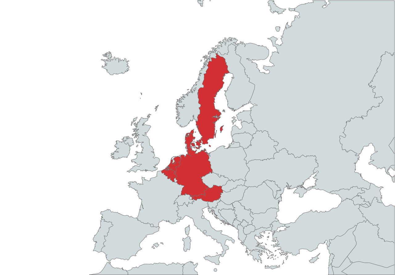 Alemanha, Áustria, Bélgica, Dinamarca, Holanda, Suécia